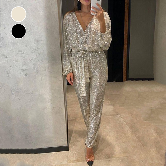 Women's Sparkly V Neck Belted Jumpsuits